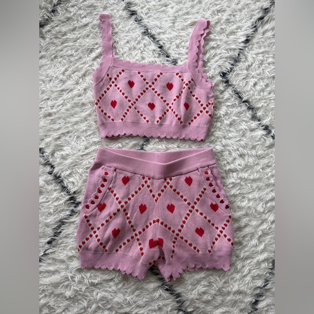 Sugar Thrillz by Dolls Kill Pink Heart Knit Crop Top & Shorts Matching Set